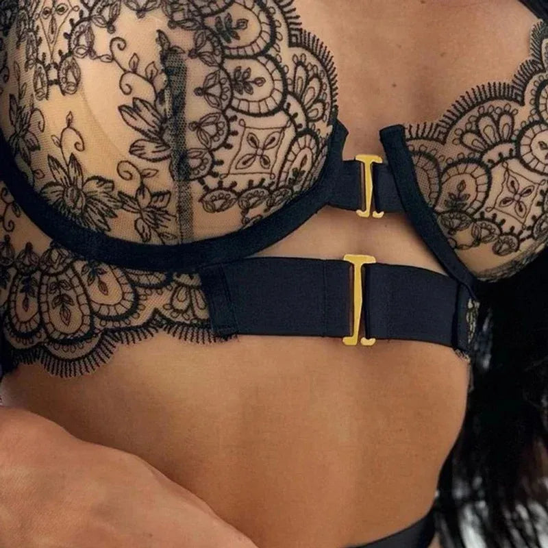 Sexy Underwired 3 Piece Lingerie Set, Floral Embroidery Sheer Cutout Garter Belt with Metal Buckles, Plus Size Available Women's