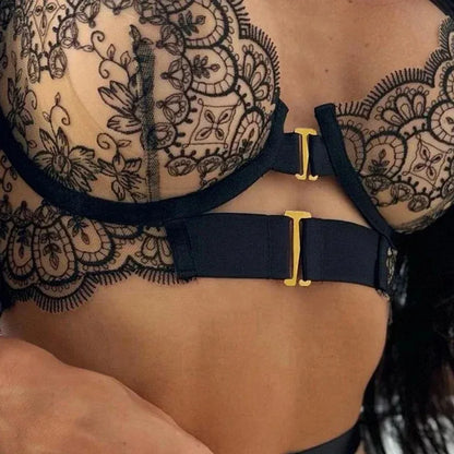 Sexy Underwired 3 Piece Lingerie Set, Floral Embroidery Sheer Cutout Garter Belt with Metal Buckles, Plus Size Available Women's