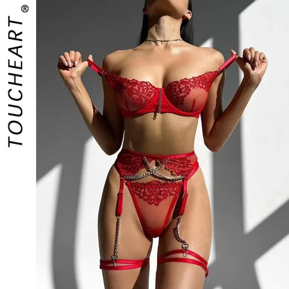 Toucheart 4-Piece Set Sexy Lingerie Metal Chain Embroidered Printing Perspective Sexy Hollow Out Lingerie Garter Kit Sexy Adult