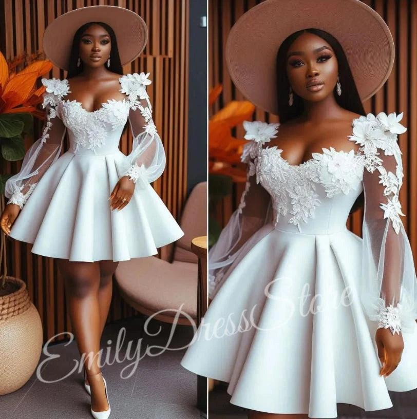 Customized White Satin Evening Dress Women Lace Knee Length Full Sleeves Bridal Formal Long Ball Gowns Trend Pageant Dress