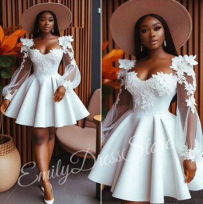 Customized White Satin Evening Dress Women Lace Knee Length Full Sleeves Bridal Formal Long Ball Gowns Trend Pageant Dress