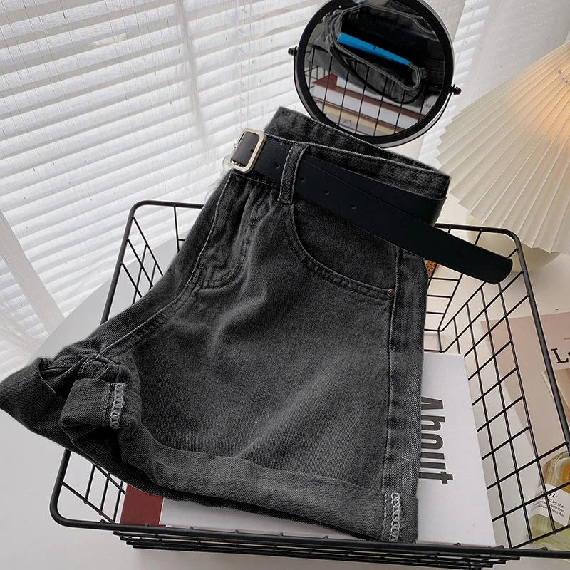 Korean Summer Wide Leg High Waist Denim Shorts With Belt Women Fashion Pocket Hot Pants Streetwear Casual Cowboy Jeans Shorts