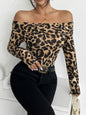 Fashionable women's shirt casual sexy leopard print half shoulder long sleeved pullover T-shirt for women 2025