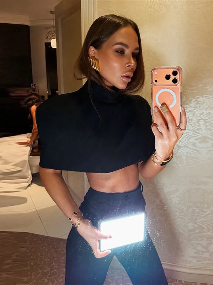 Elegant Women Shawl Cropped Top Shoulder Pads Stand Collar Short Sleeve Black Female T-shirt 2026 Spring Summer Lady Partywear