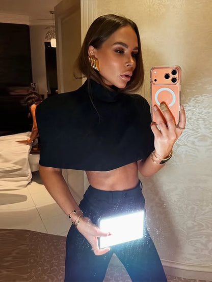 Elegant Women Shawl Cropped Top Shoulder Pads Stand Collar Short Sleeve Black Female T-shirt 2026 Spring Summer Lady Partywear
