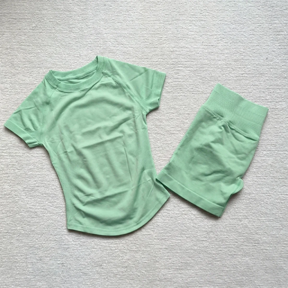 Gym Shirt Shorts 2-Piece Gym Set Women Seamless Raglan Sleeve Top And 4.5" Ribbed Waistband Shorts Fitness 2pcs Workout Set