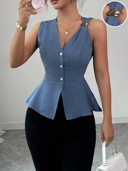 Ladies Solid Color V-Neck Sleeveless Open Front Slim Fit Shirt with Metal Button Decoration Single Piece