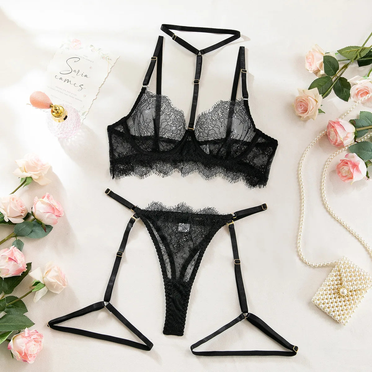 4 Piece Eyelash Lace Lingerie Set, Underwire Halter See Through Sexy Lingerie with Detachable Leg Straps