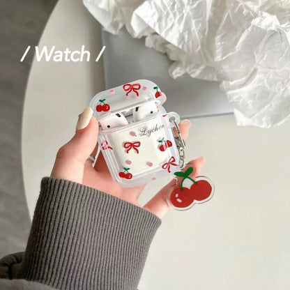 Korean Cute Bow Cherry Earphone Case For Apple AirPods Pro 2 1 Case With Cherry Pendant Silicone Protective Case For Airpods 4 3