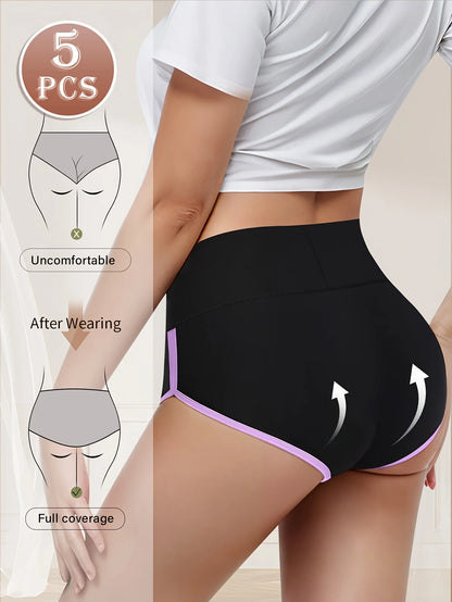 5pcs Women's Mid-Rise Briefs, Elegant Colorblock Design with Pink Accents, Comfortable Tummy Control Waist Cincher, Polye