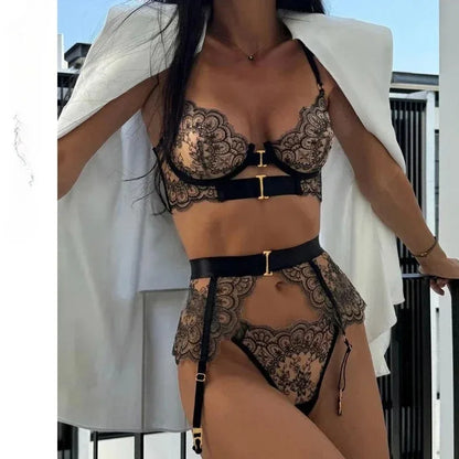 Sexy Underwired 3 Piece Lingerie Set, Floral Embroidery Sheer Cutout Garter Belt with Metal Buckles, Plus Size Available Women's