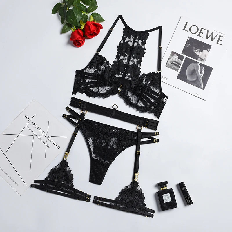Sexy Bra Thong Exotic Apparel Sexy Suit Women Lace Underwear 5 Pieces Floral Embroidery Black Transparent Lingerie