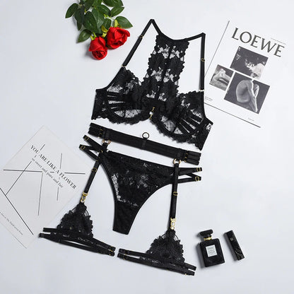Sexy Bra Thong Exotic Apparel Sexy Suit Women Lace Underwear 5 Pieces Floral Embroidery Black Transparent Lingerie