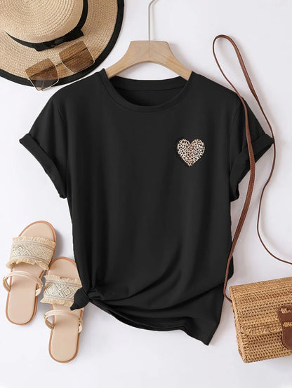 Casual Leopard Print Heart Pattern Print T-shirt Vintage Women's Casual Graphic Short Sleeve T Shirt Clothing Top Tee