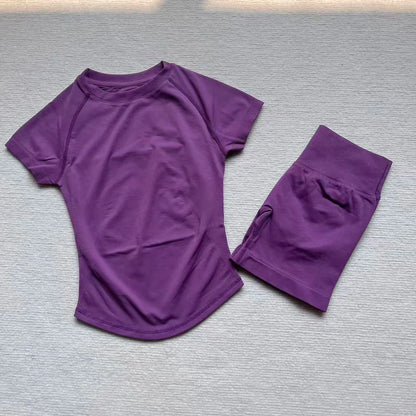 Gym Shirt Shorts 2-Piece Gym Set Women Seamless Raglan Sleeve Top And 4.5" Ribbed Waistband Shorts Fitness 2pcs Workout Set