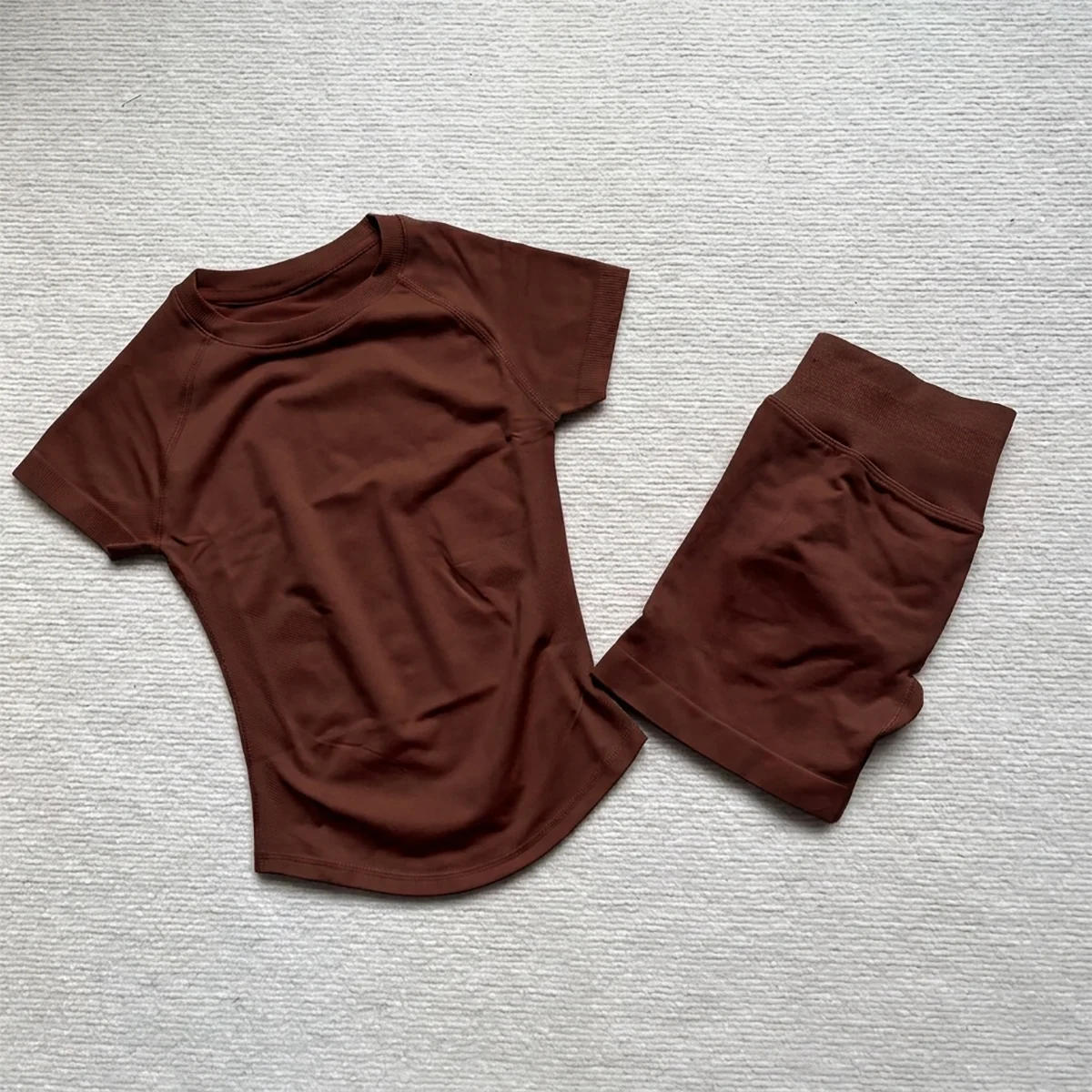 Gym Shirt Shorts 2-Piece Gym Set Women Seamless Raglan Sleeve Top And 4.5" Ribbed Waistband Shorts Fitness 2pcs Workout Set