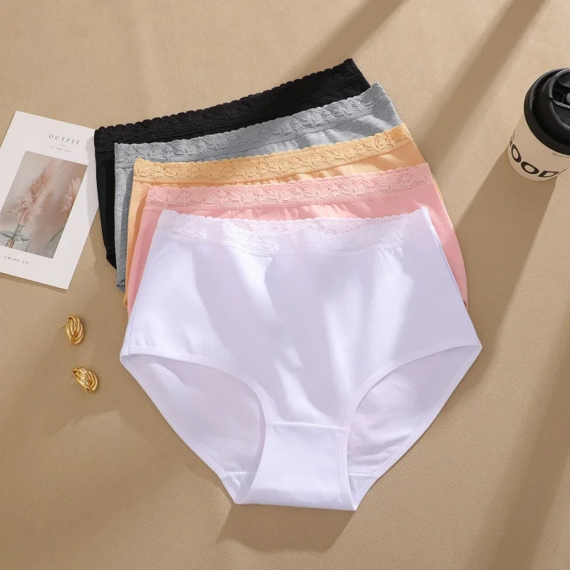 5PCS/Set Cotton Panties Women's High Waist Briefs Seamless Cozy Lingerie Lace Waist Sexy Panties Solid Color Intimate Underpants