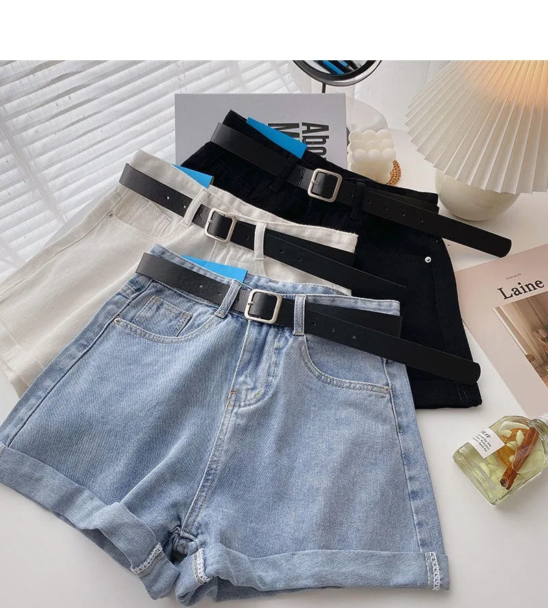 Korean Summer Wide Leg High Waist Denim Shorts With Belt Women Fashion Pocket Hot Pants Streetwear Casual Cowboy Jeans Shorts