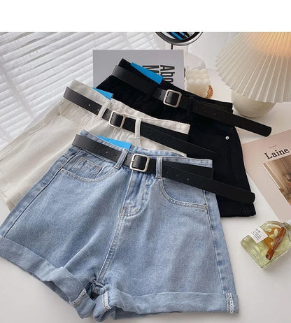 Korean Summer Wide Leg High Waist Denim Shorts With Belt Women Fashion Pocket Hot Pants Streetwear Casual Cowboy Jeans Shorts