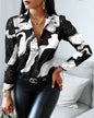 Women Fashion Wild Shirts Chain/Floral/Letter/Geometric Square Print Turn-Down Collar Long Sleeve Blouses