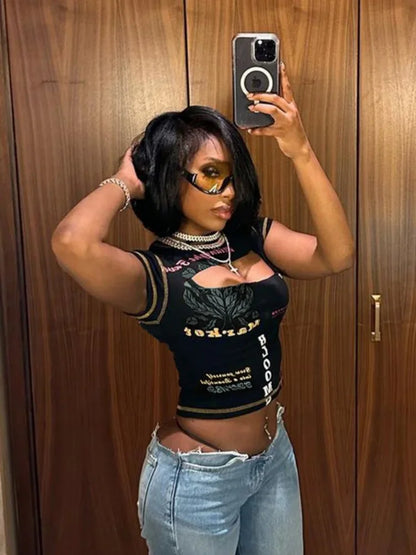 Hollow Out Crop Top Women Summer Aesthetic Clothes Printing Y2k Accessories O-Neck Ropa De Mujer Sexy Roupas Femininas Estilosas