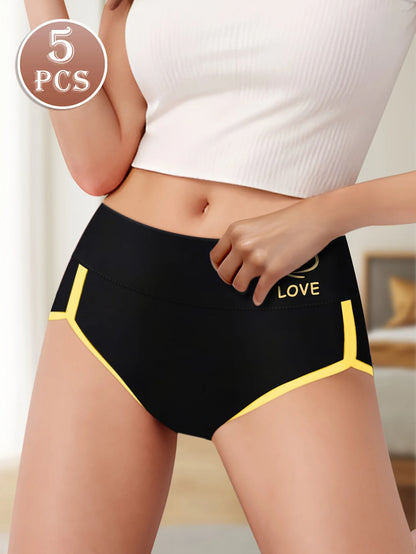 5pcs Women's Mid-Rise Briefs, Elegant Colorblock Design with Pink Accents, Comfortable Tummy Control Waist Cincher, Polye