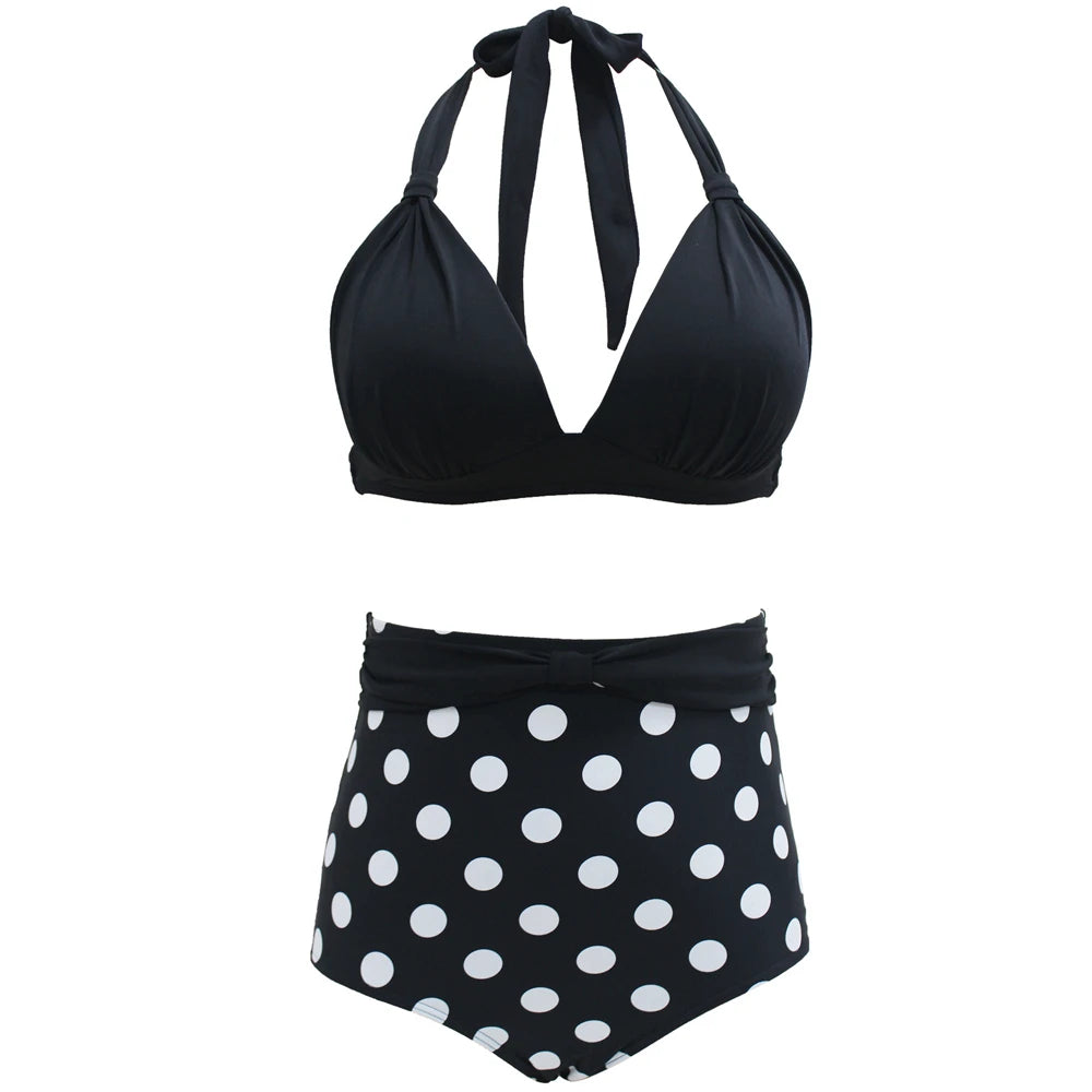 Pleated Bikini Red Top Navy Blue With White Dots Bottom Women Classic High Waist Halter Bikini Sets Plus Size Two-piece Swimwear