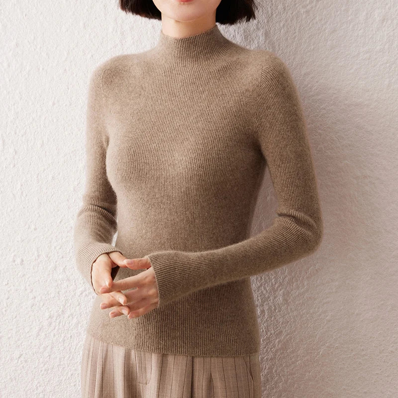 New Women's Sweater 100% Pure Cashmere High Neck Knitted Pullover Korean Version Slim Fit Hot Selling Fashionable Sweater