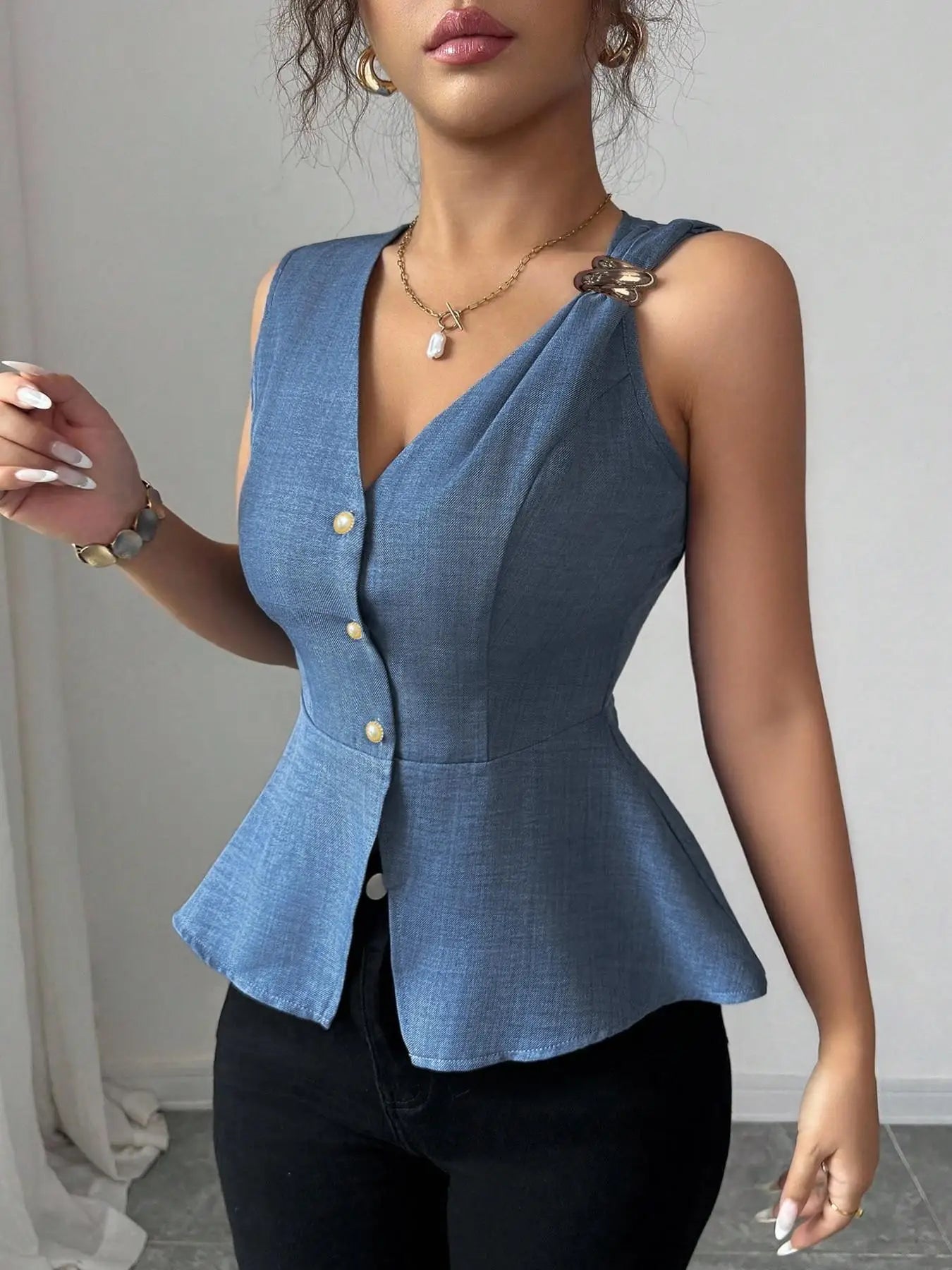 Ladies Solid Color V-Neck Sleeveless Open Front Slim Fit Shirt with Metal Button Decoration Single Piece