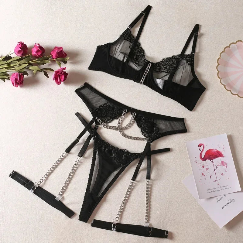 Toucheart 4-Piece Set Sexy Lingerie Metal Chain Embroidered Printing Perspective Sexy Hollow Out Lingerie Garter Kit Sexy Adult