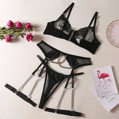 Toucheart 4-Piece Set Sexy Lingerie Metal Chain Embroidered Printing Perspective Sexy Hollow Out Lingerie Garter Kit Sexy Adult