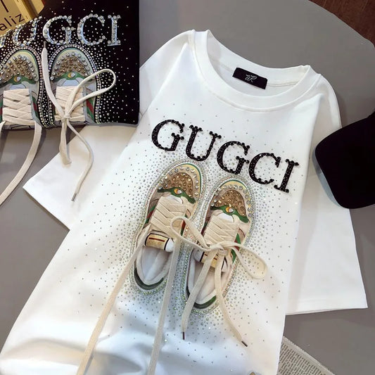 New summer fashion retro women's printed short-sleeved luxury designer 2026 high-end trendy brand Instagram-style T-shirt