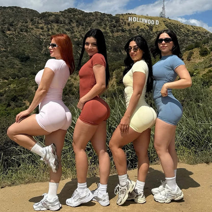 Gym Shirt Shorts 2-Piece Gym Set Women Seamless Raglan Sleeve Top And 4.5" Ribbed Waistband Shorts Fitness 2pcs Workout Set