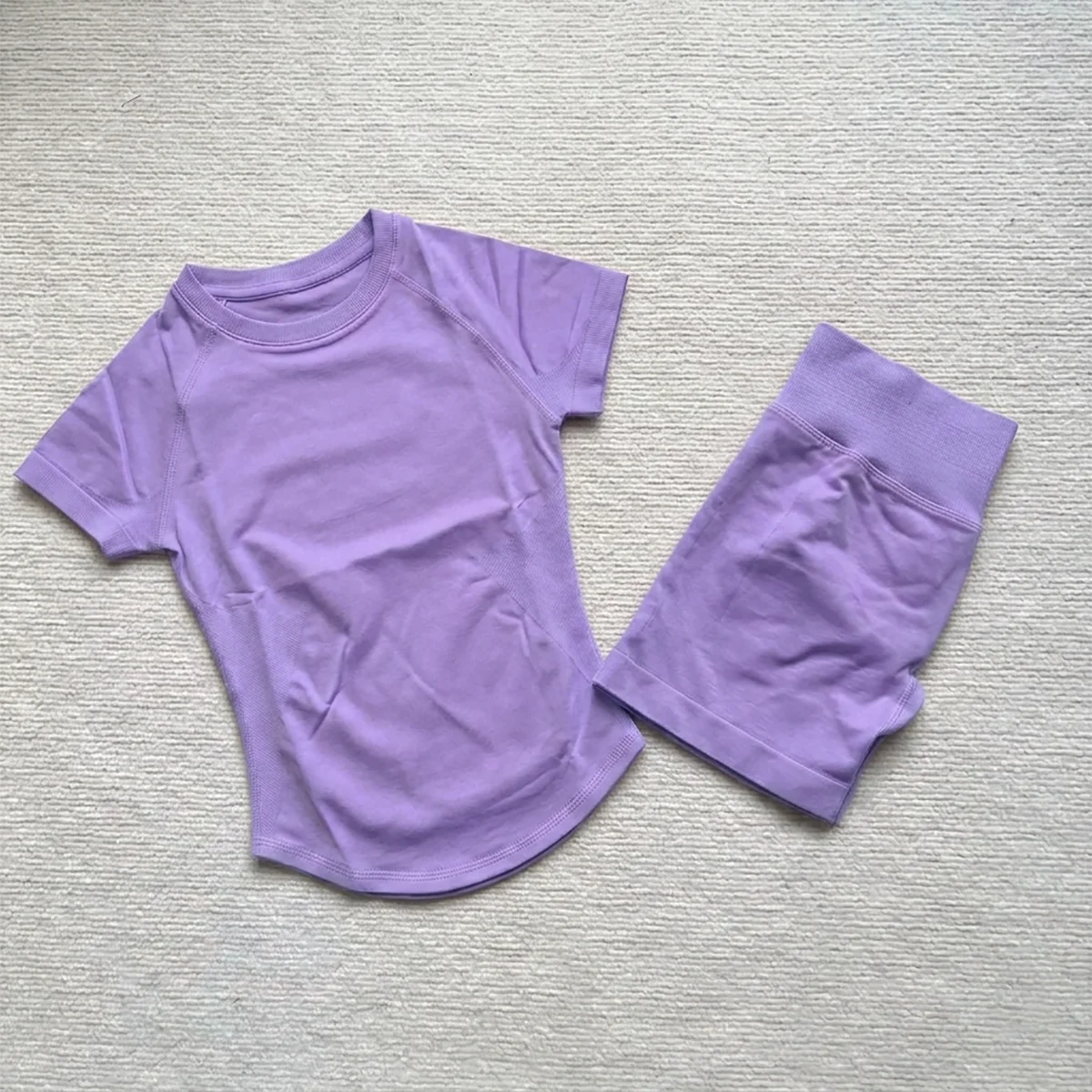 Gym Shirt Shorts 2-Piece Gym Set Women Seamless Raglan Sleeve Top And 4.5" Ribbed Waistband Shorts Fitness 2pcs Workout Set